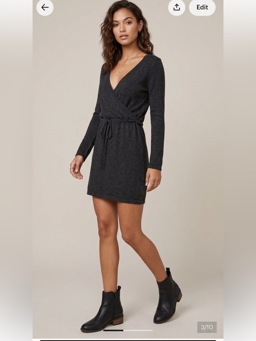 Cupshe Dark Grey V-Neck Long Sleeve Knit Wrap Dress with Drawstring Waist XS